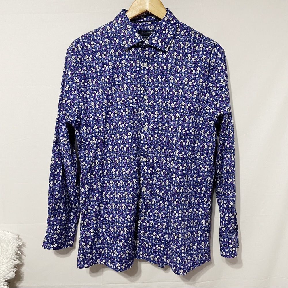 L Mini Floral Print Blue Purple White Button Down Shirt Tommy Hilfiger